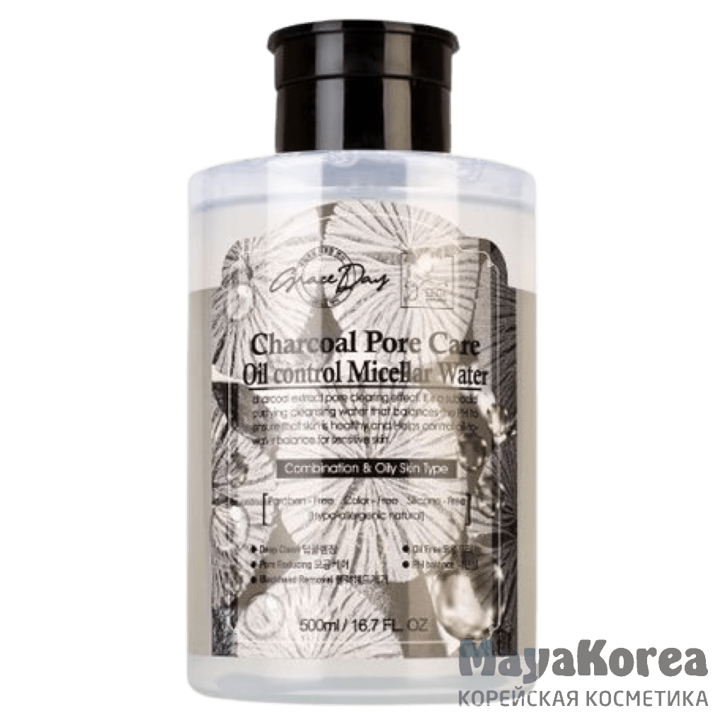 Grace Day Charcoal Pore Care Oil Control Micellar Water, 500ml Мицеллярная вода с древесным углем, 500мл, Grace Day